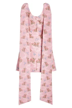 OTM Exclusive: Gita Pink Floral Ikat Scoop Neck Mini Dress With Shoulder Trains