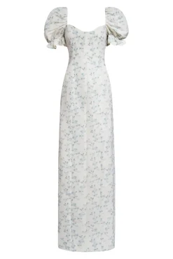 OTM Exclusive: Isidore Blue Bow Floral Ikat Puff Sleeve Column Gown