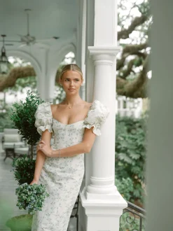 OTM Exclusive: Isidore Blue Bow Floral Ikat Puff Sleeve Column Gown