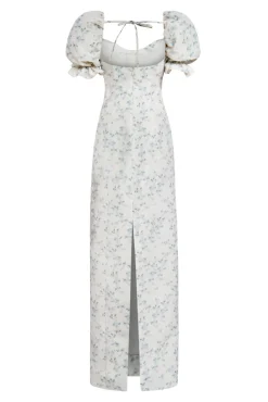OTM Exclusive: Isidore Blue Bow Floral Ikat Puff Sleeve Column Gown