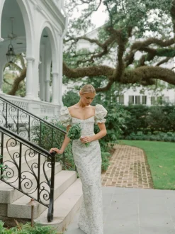 OTM Exclusive: Isidore Blue Bow Floral Ikat Puff Sleeve Column Gown