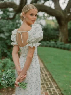 OTM Exclusive: Isidore Blue Bow Floral Ikat Puff Sleeve Column Gown