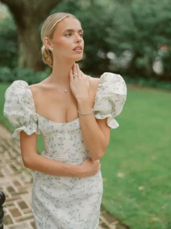 OTM Exclusive: Isidore Blue Bow Floral Ikat Puff Sleeve Column Gown