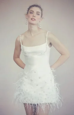 OTM Exclusive: Stella Dress in Ivory Silk Wool with Feathers