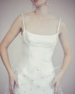 OTM Exclusive: Stella Dress in Ivory Silk Wool with Feathers