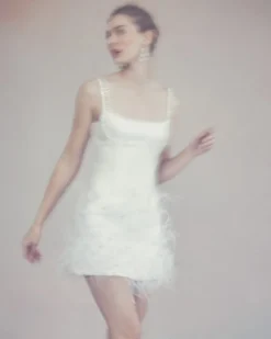 OTM Exclusive: Stella Dress in Ivory Silk Wool with Feathers