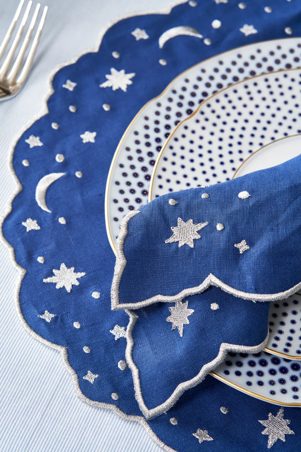 OTM Exclusive: The Astral Linen Napkin in Midnight Blue and Silver Embroidery