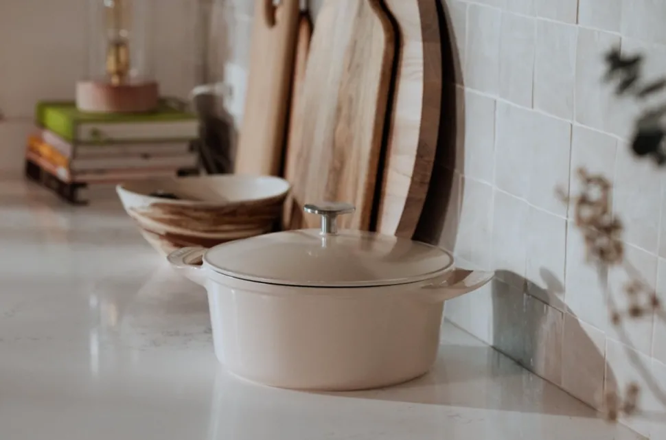 Oval Enameled Cast Iron Dutch Oven in Antique White