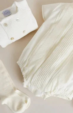 Panelled Christening Romper in Ivory