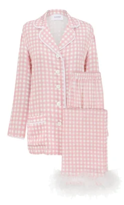 Party Pajama Set with Feathers in Pink Vichy