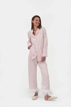 Party Pajama Set with Feathers in Pink Vichy