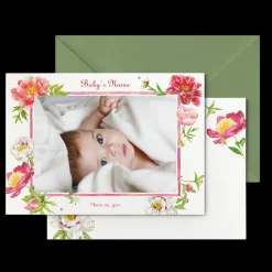 Peonies Birth Announcement with Photo, Set of 50
