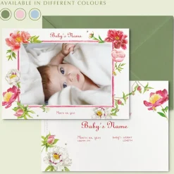 Peonies Birth Announcement with Photo, Set of 50
