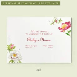 Peonies Birth Announcement with Photo, Set of 50
