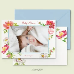 Peonies Birth Announcement with Photo, Set of 50