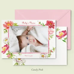 Peonies Birth Announcement with Photo, Set of 50