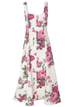 Pink Floral Printed Cotton Square Neck Midi Dress