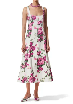 Pink Floral Printed Cotton Square Neck Midi Dress