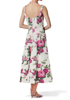 Pink Floral Printed Cotton Square Neck Midi Dress