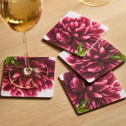 Pink Peony Birchwood Coasters, Set of 4