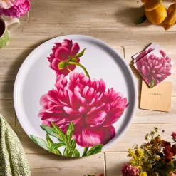 Pink Peony Large Round Birchwood Tray