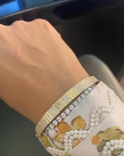 Pinstripe Strength Diamond Bangle Bracelet with Pave Diamonds