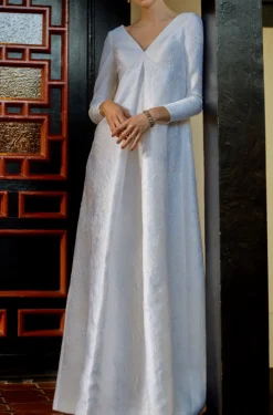 Pleat Front Long Sleeve Wedding Gown