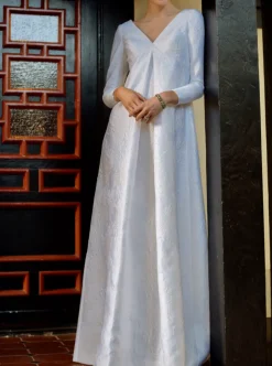 Pleat Front Long Sleeve Wedding Gown