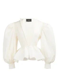 Plunging Peplum Top with Bishop Sleeve