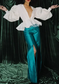 Plunging Peplum Top with Bishop Sleeve