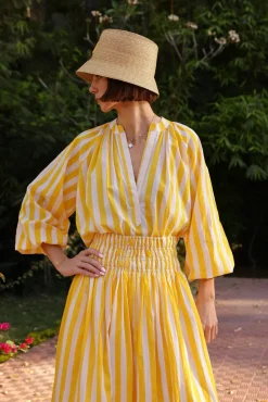 Porto Popover Top in Yellow Stripe