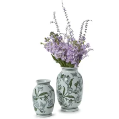 Primrose Lotus Green & White Chinoiserie Vases, Set of 2