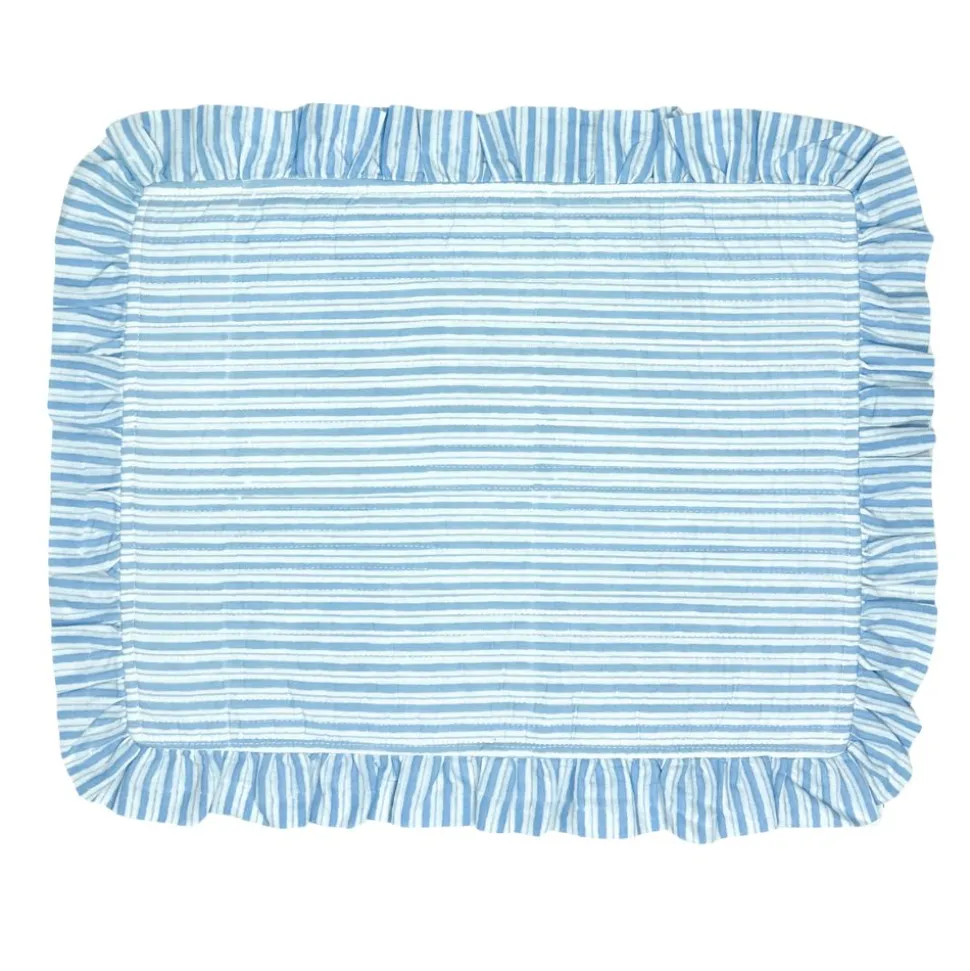 Quilted Ruffle Placemats in Blue Stripe, Set of 4