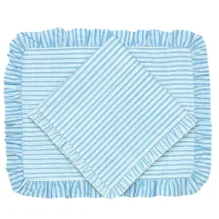Quilted Ruffle Placemats in Blue Stripe, Set of 4
