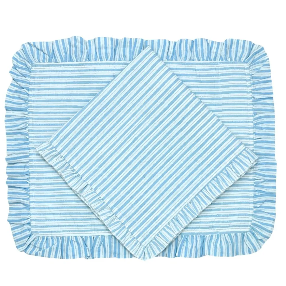 Quilted Ruffle Placemats in Blue Stripe, Set of 4