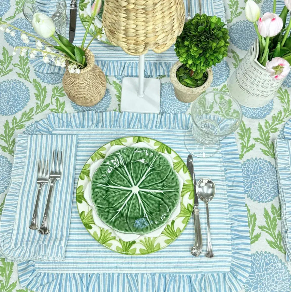 Quilted Ruffle Placemats in Blue Stripe, Set of 4