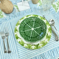 Quilted Ruffle Placemats in Blue Stripe, Set of 4