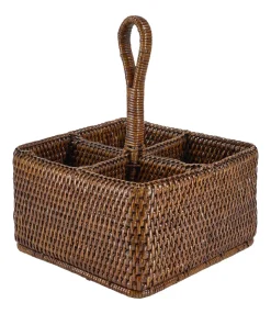 Rattan Cutlery and Condiment Carrier in Brown