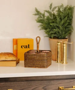 Rattan Cutlery and Condiment Carrier in Brown