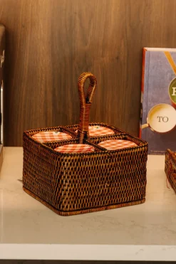 Rattan Cutlery and Condiment Carrier in Brown
