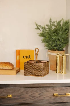 Rattan Cutlery and Condiment Carrier in Brown