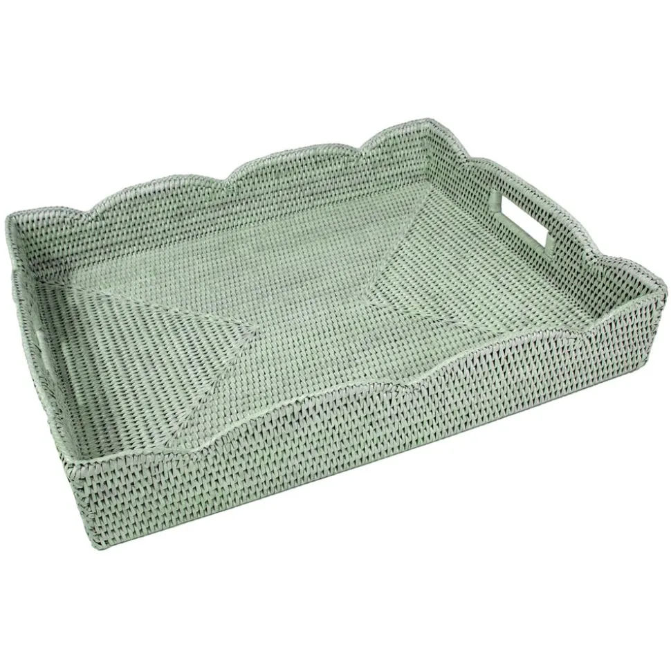 Rattan Scalloped Large Tray in Green