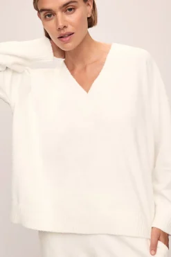 Recycled Boucle V Neck Sweater In Ivory