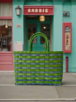 Retro-Travel Tote in Kelly Green & Vintage Blue