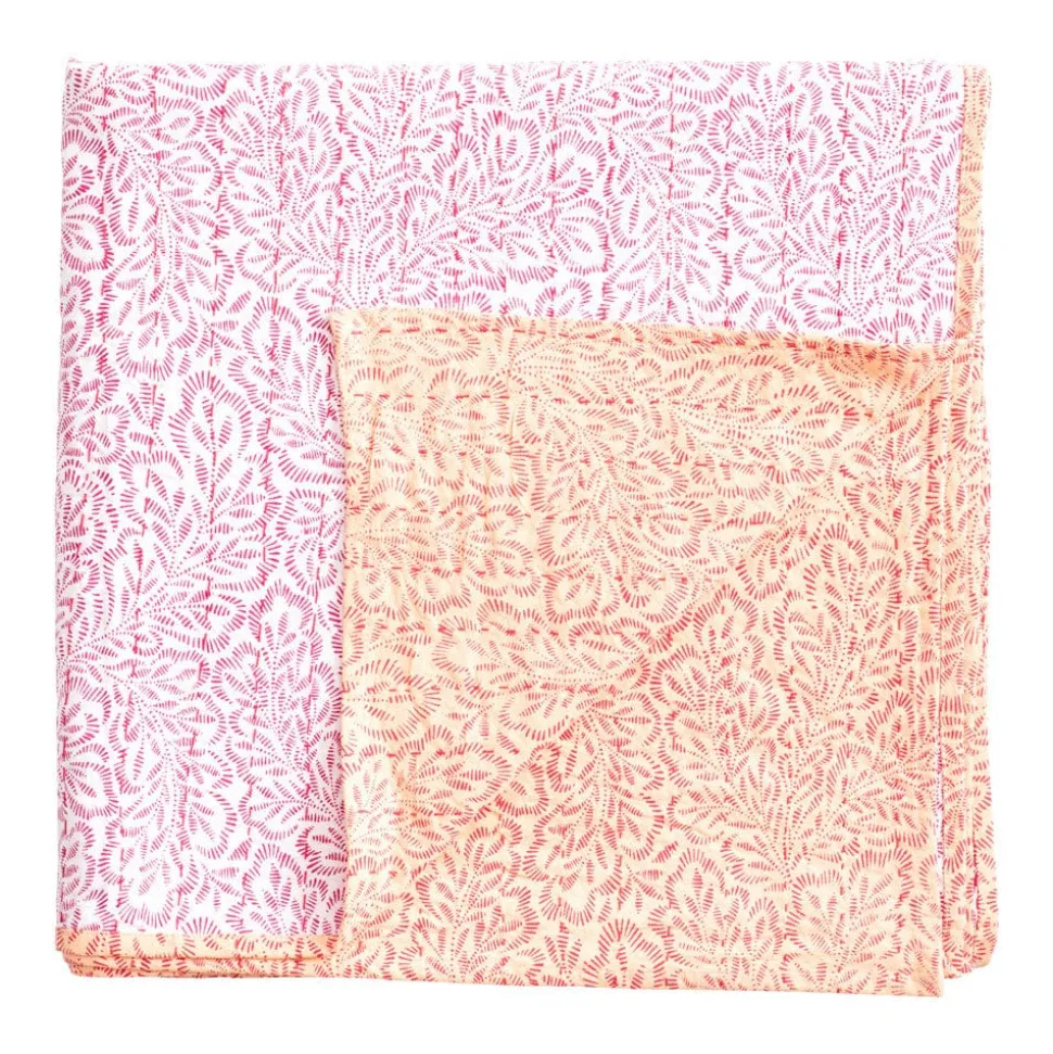 Reversible Kantha Table Cover in Fuchsia Block Print Leaves