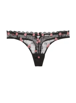 Rose & Vine Embroidery Thong in Black