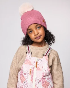 Rose Pink Knit Winter Hat with Faux Fur Pom