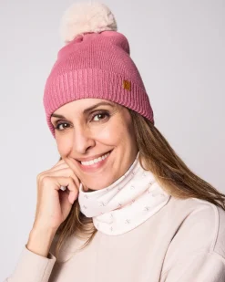 Rose Pink Knit Winter Hat with Faux Fur Pom