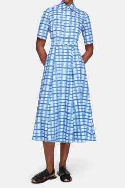 Rubie Dress In Blue Painted Gingham Cotton Poplin