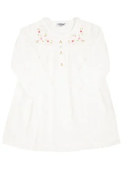 Ruby White Cotton Dress with Embroidered Pink Roses